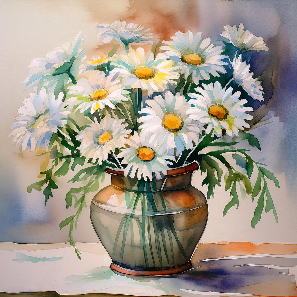 A watercolor of a vase of flowers