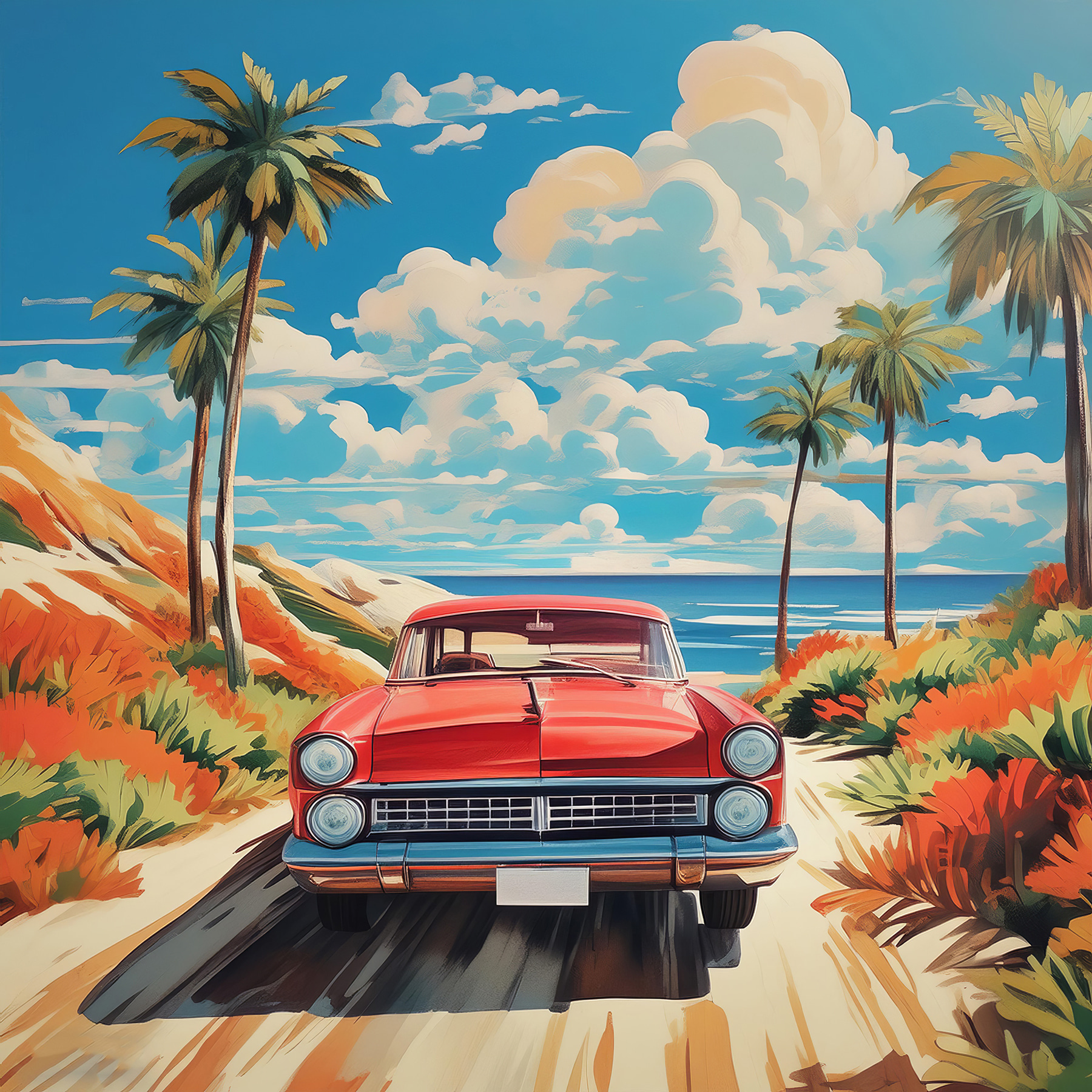 A car on a dirt road with palm trees and a beach