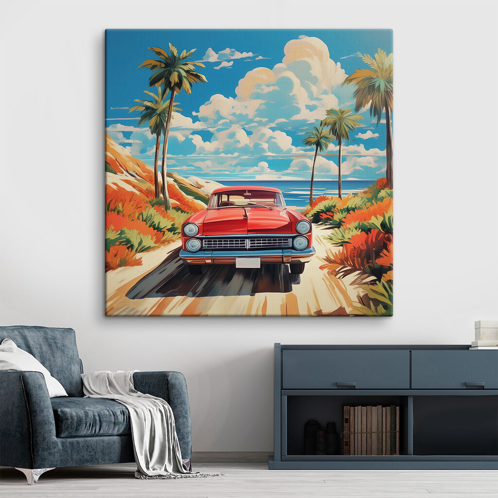 A car on a dirt road with palm trees and a beach
