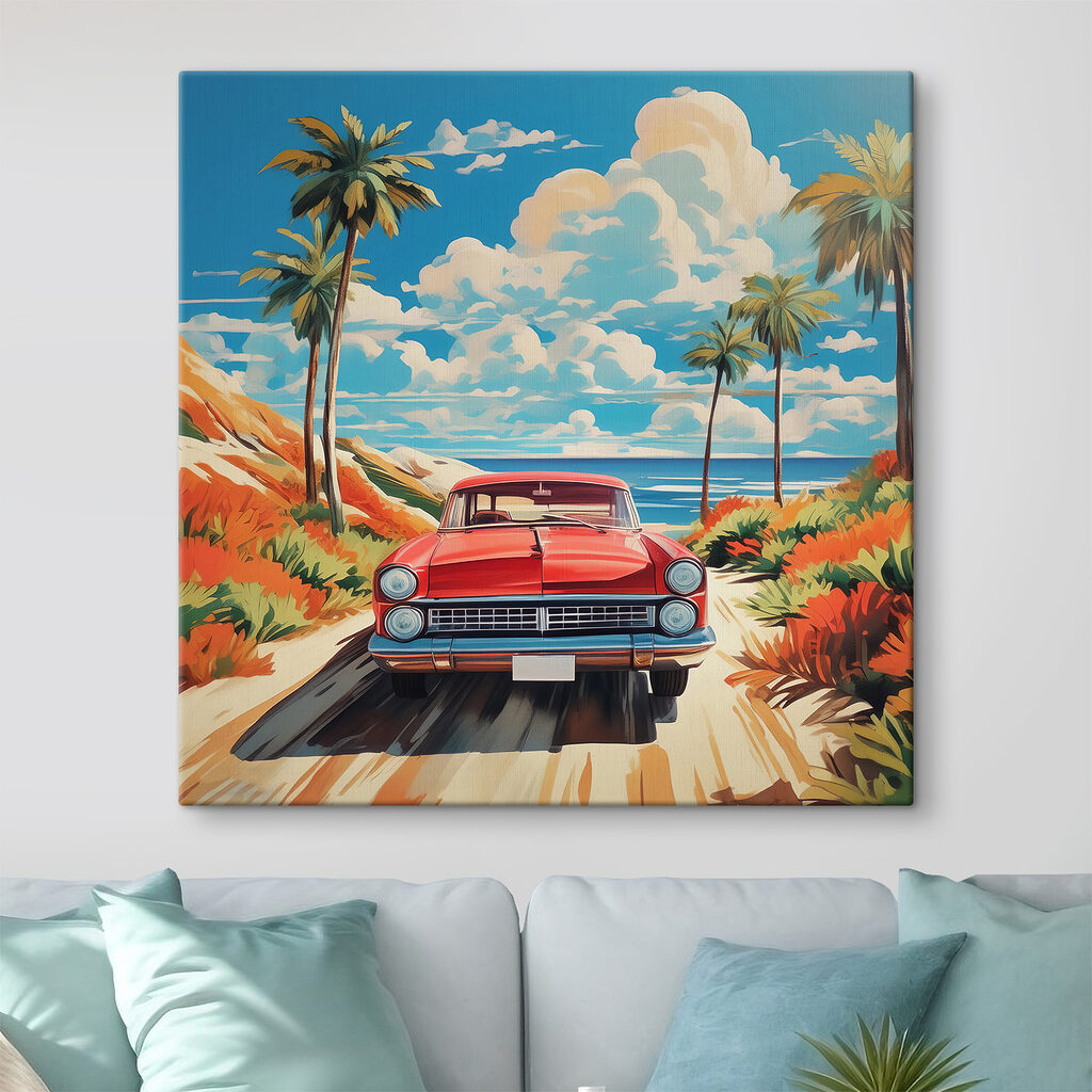 A car on a dirt road with palm trees and a beach