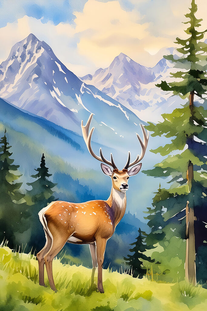A watercolor of a deer in a forest
