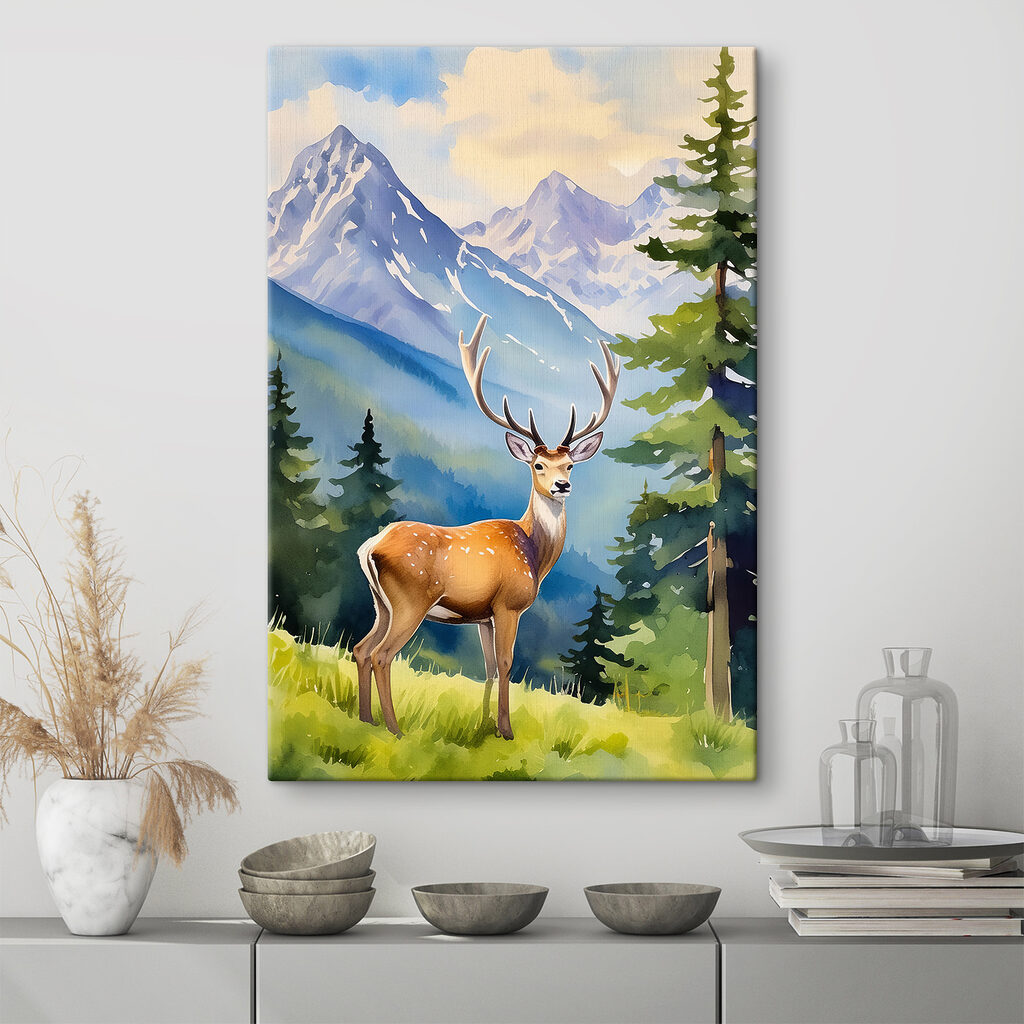 A watercolor of a deer in a forest