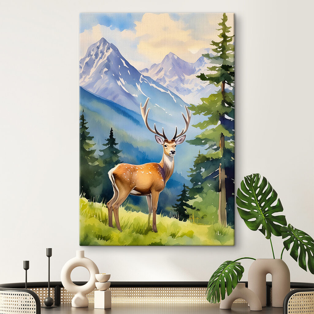 A watercolor of a deer in a forest