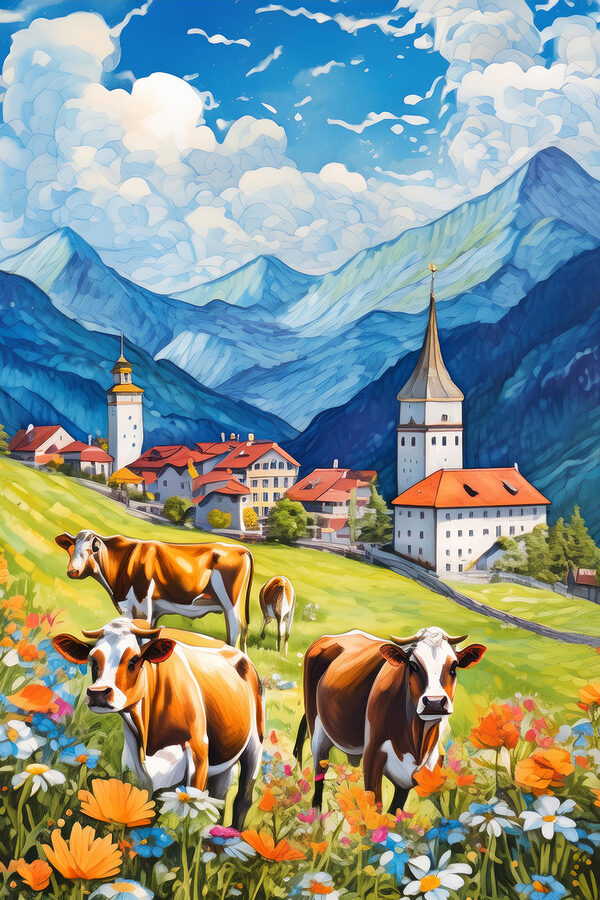 Cows in a field with mountains and flowers