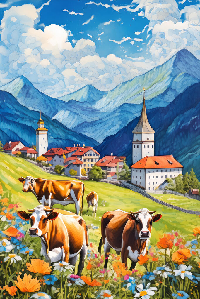 Cows in a field with mountains and flowers