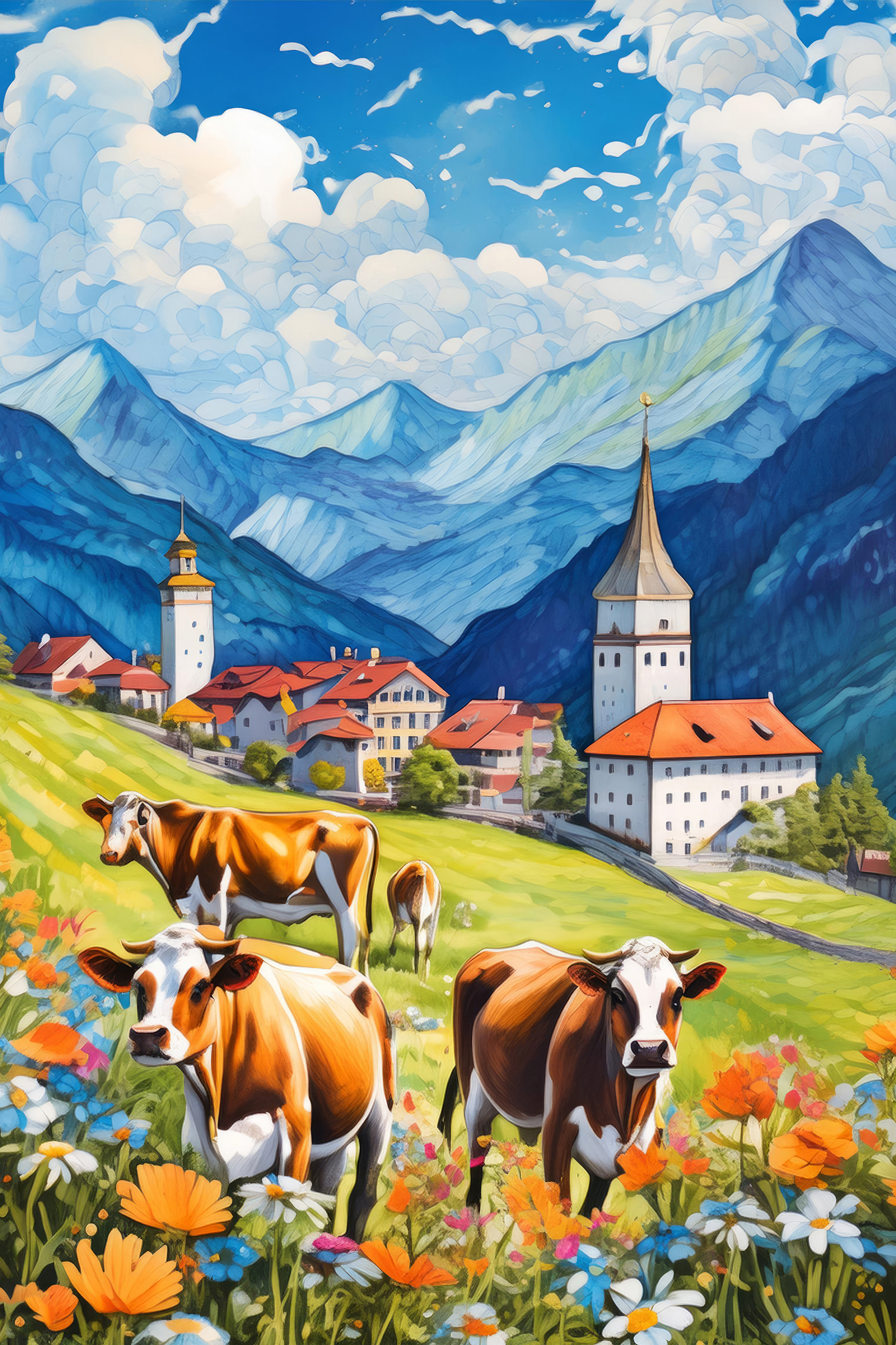 Cows in a field with mountains and flowers