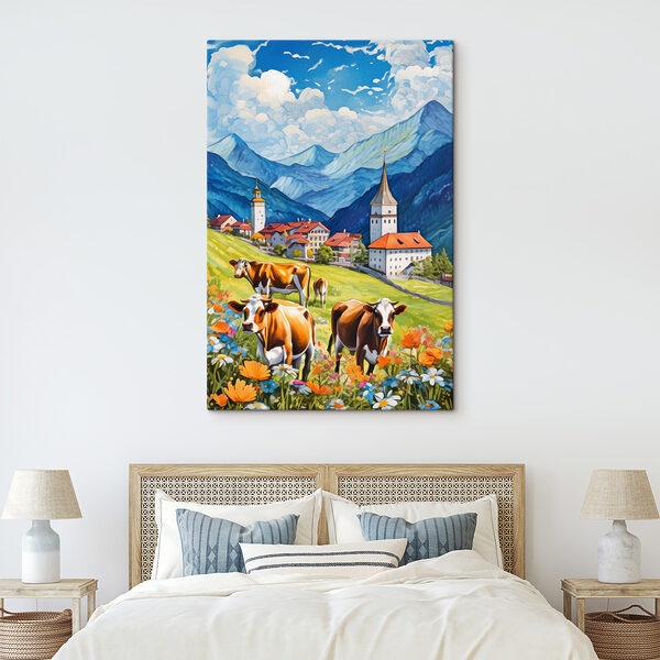 Cuadros Vacas en un campo con montañas y flores (SKU: s38808) Cuadros Cuadros Vacas en un campo con montañas y flores (SKU: s38808)