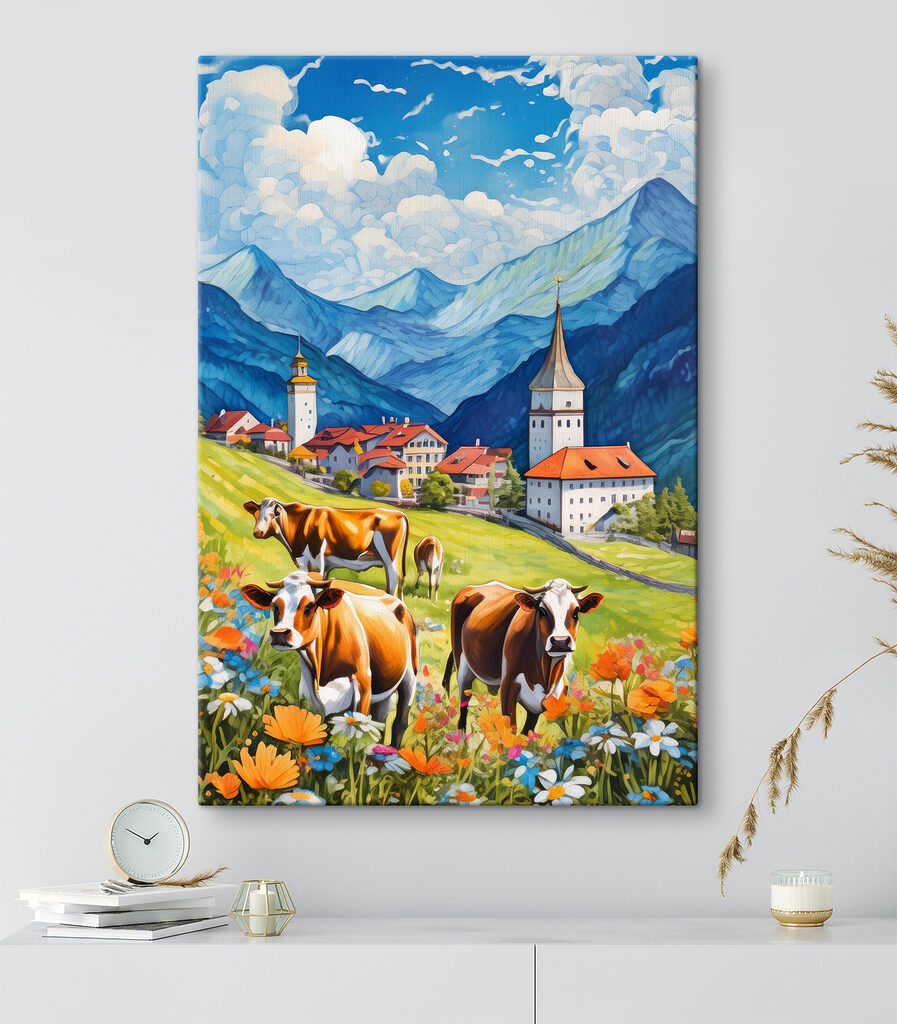 Cows in a field with mountains and flowers