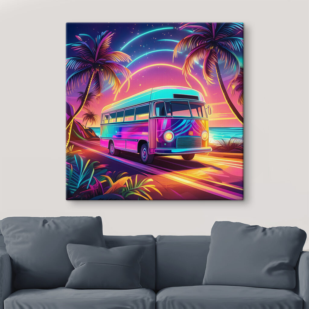 A bus on a road with palm trees and a sunset A bus on a road with palm trees and a sunset