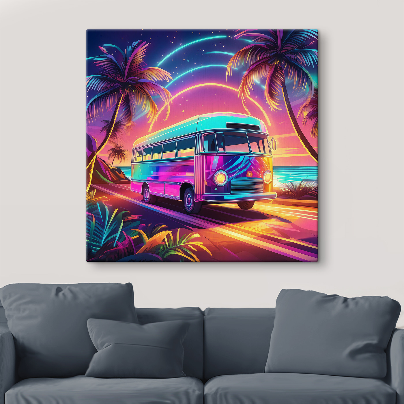 A bus on a road with palm trees and a sunset A bus on a road with palm trees and a sunset