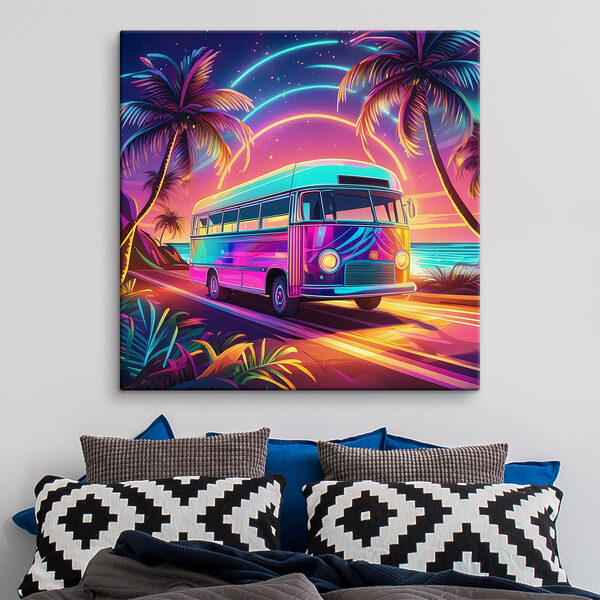 A bus on a road with palm trees and a sunset A bus on a road with palm trees and a sunset