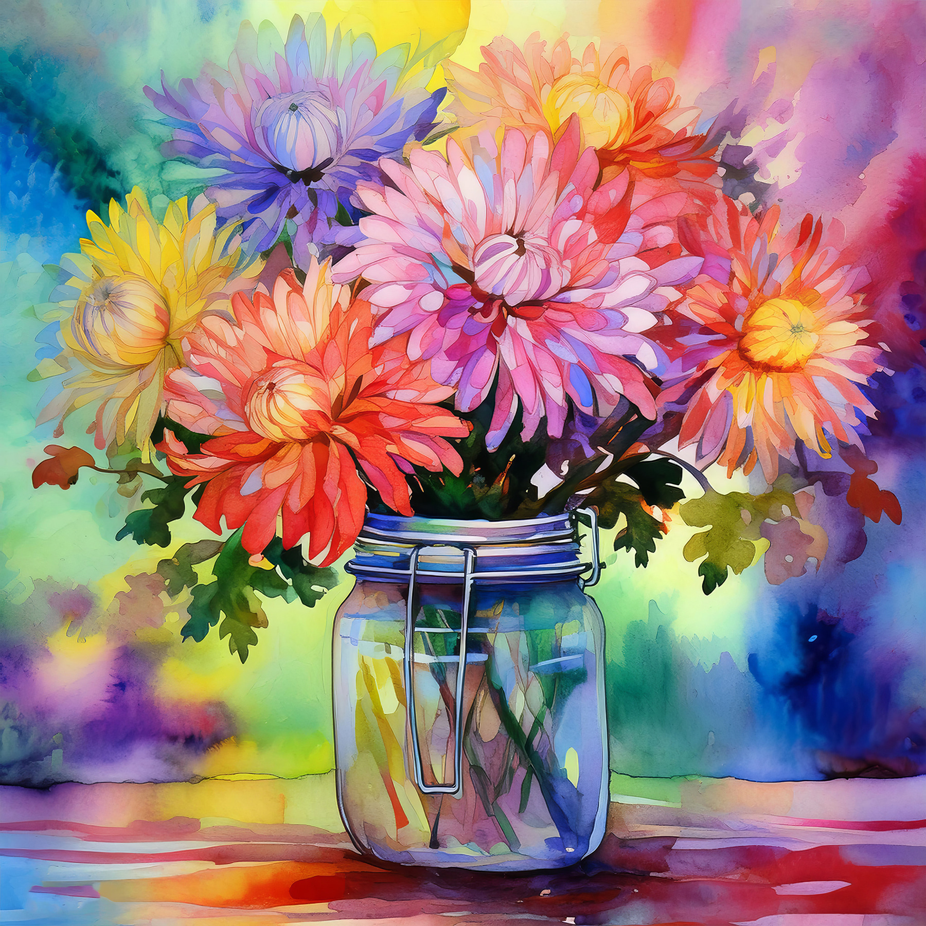 A watercolor painting of flowers in a jar