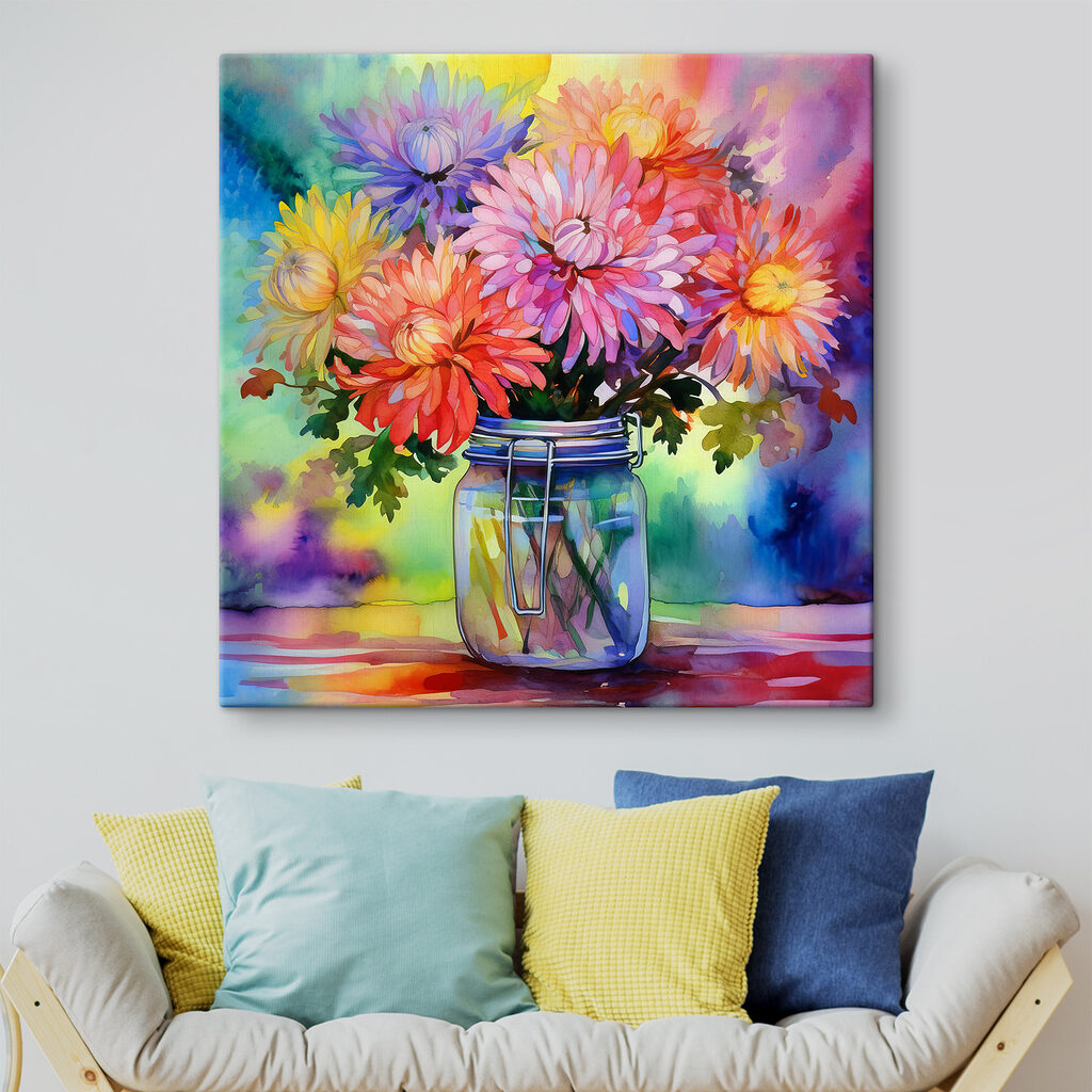 A watercolor painting of flowers in a jar