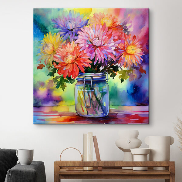 A watercolor painting of flowers in a jar