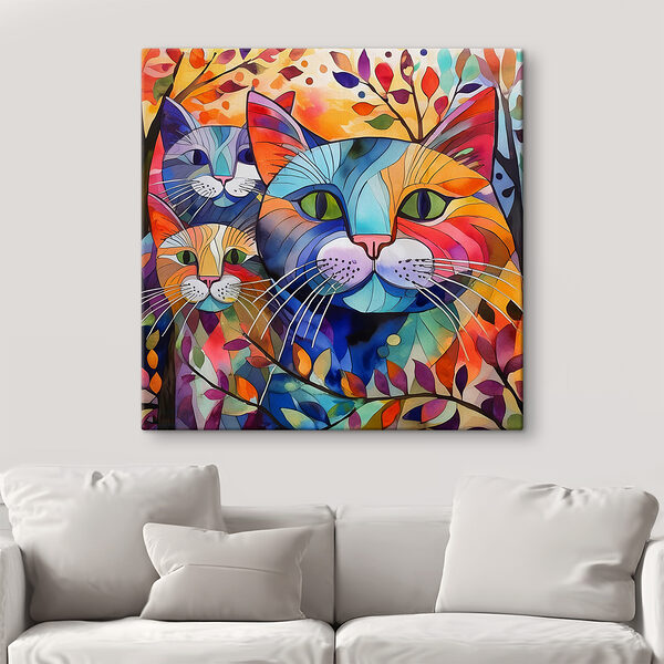 Cuadros Un grupo de gatos con hojas de colores