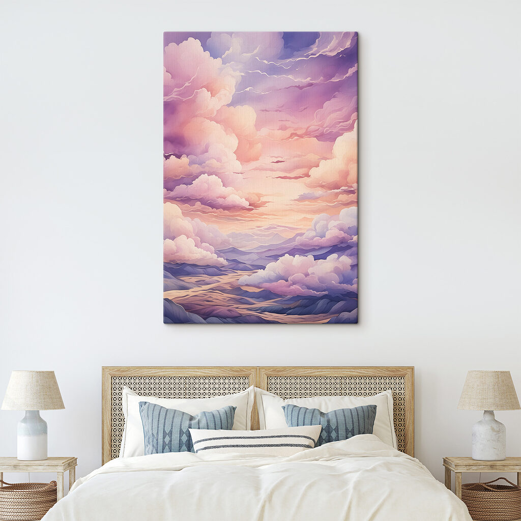 A painting of clouds and mountains