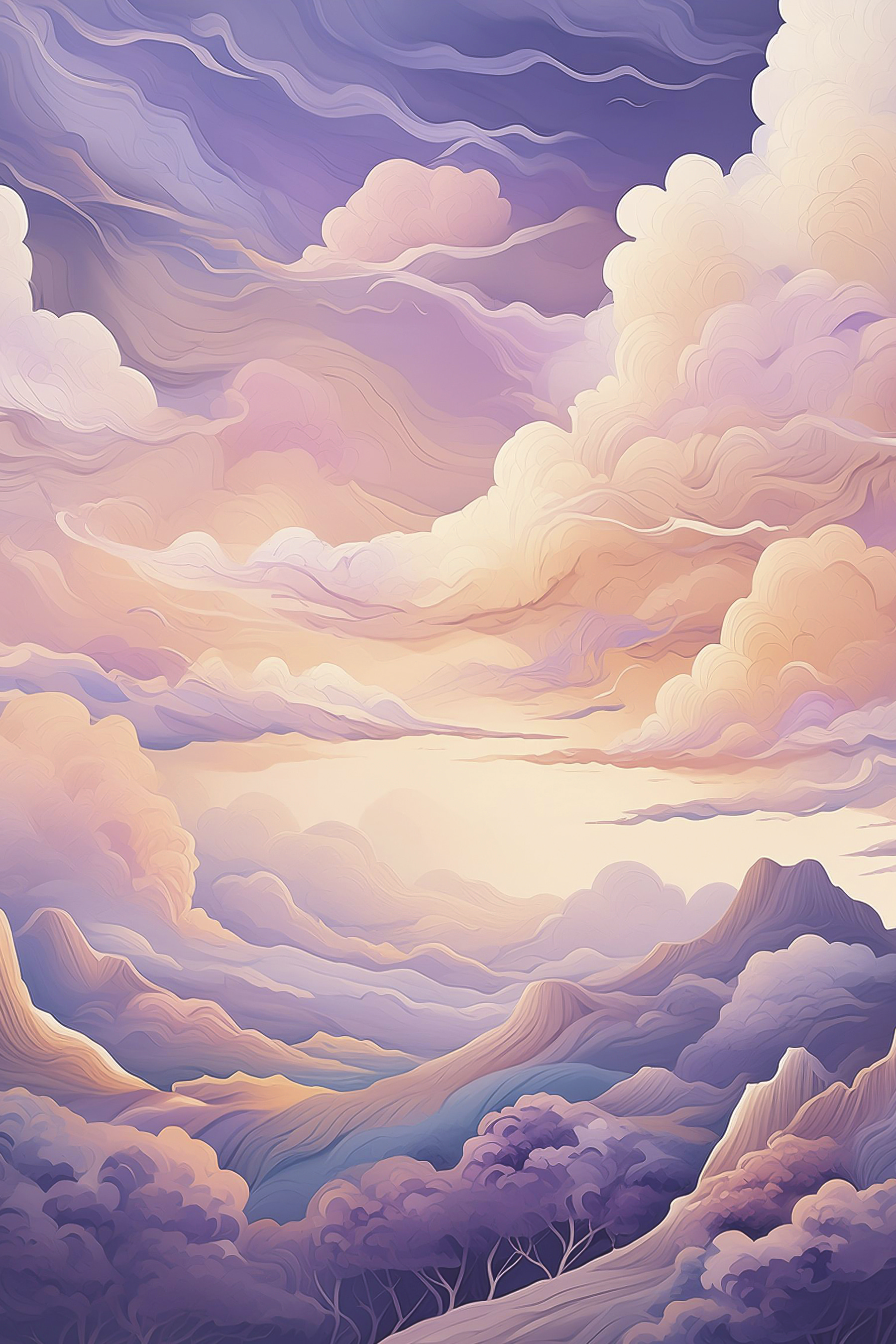 A painting of clouds and mountains A painting of clouds and mountains