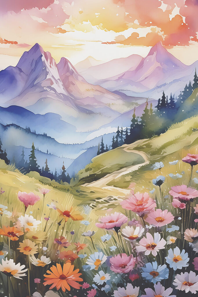 A painting of a mountain landscape with flowers and trees A painting of a mountain landscape with flowers and trees