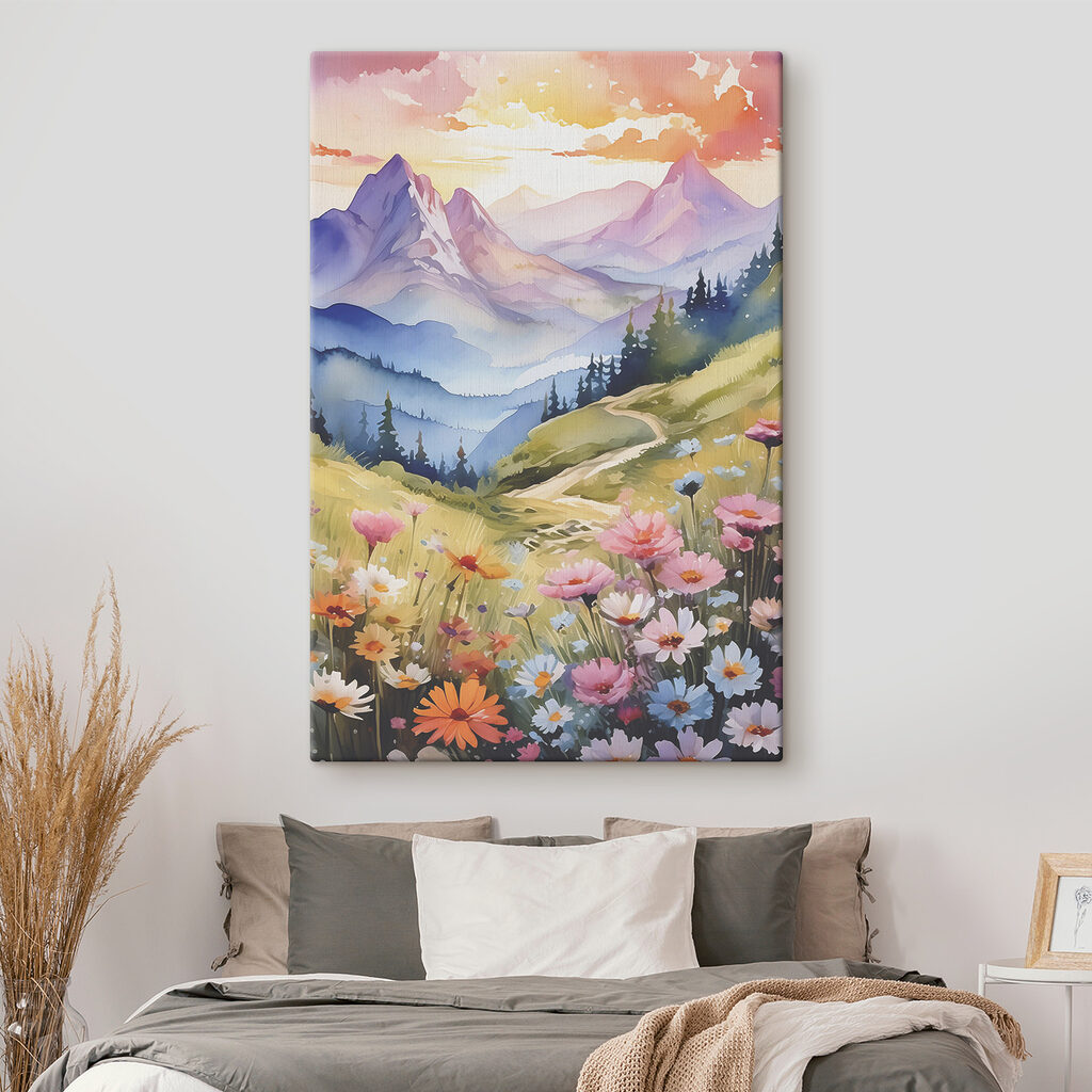 A painting of a mountain landscape with flowers and trees A painting of a mountain landscape with flowers and trees