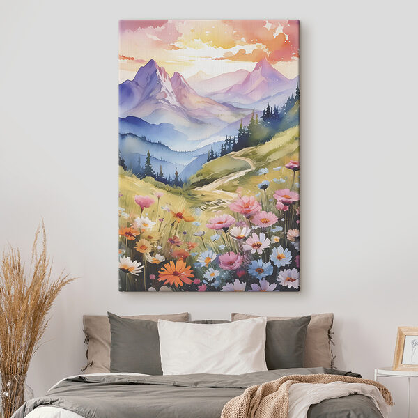 Cuadros Un cuadro que representa un paisaje montañoso con flores y árboles (SKU: s38839) Cuadros Cuadros Un cuadro que representa un paisaje montañoso con flores y árboles (SKU: s38839)