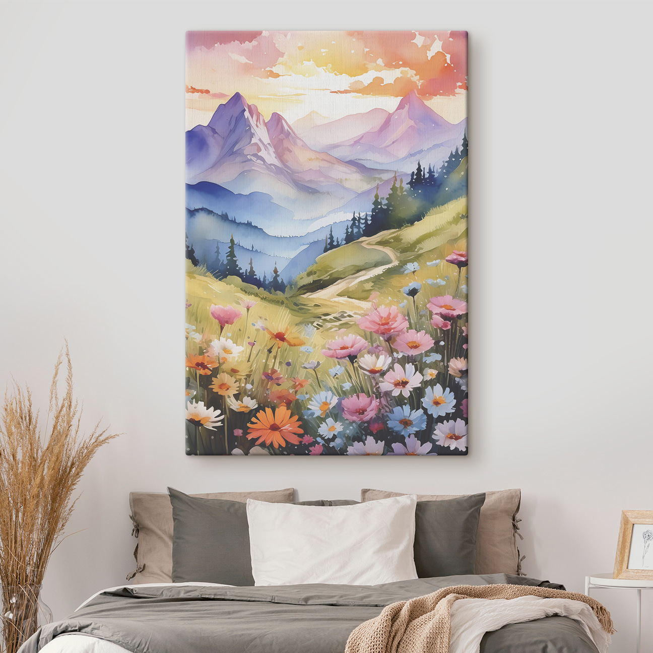 A painting of a mountain landscape with flowers and trees A painting of a mountain landscape with flowers and trees