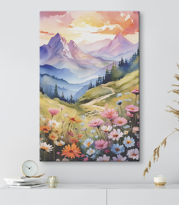 A painting of a mountain landscape with flowers and trees A painting of a mountain landscape with flowers and trees