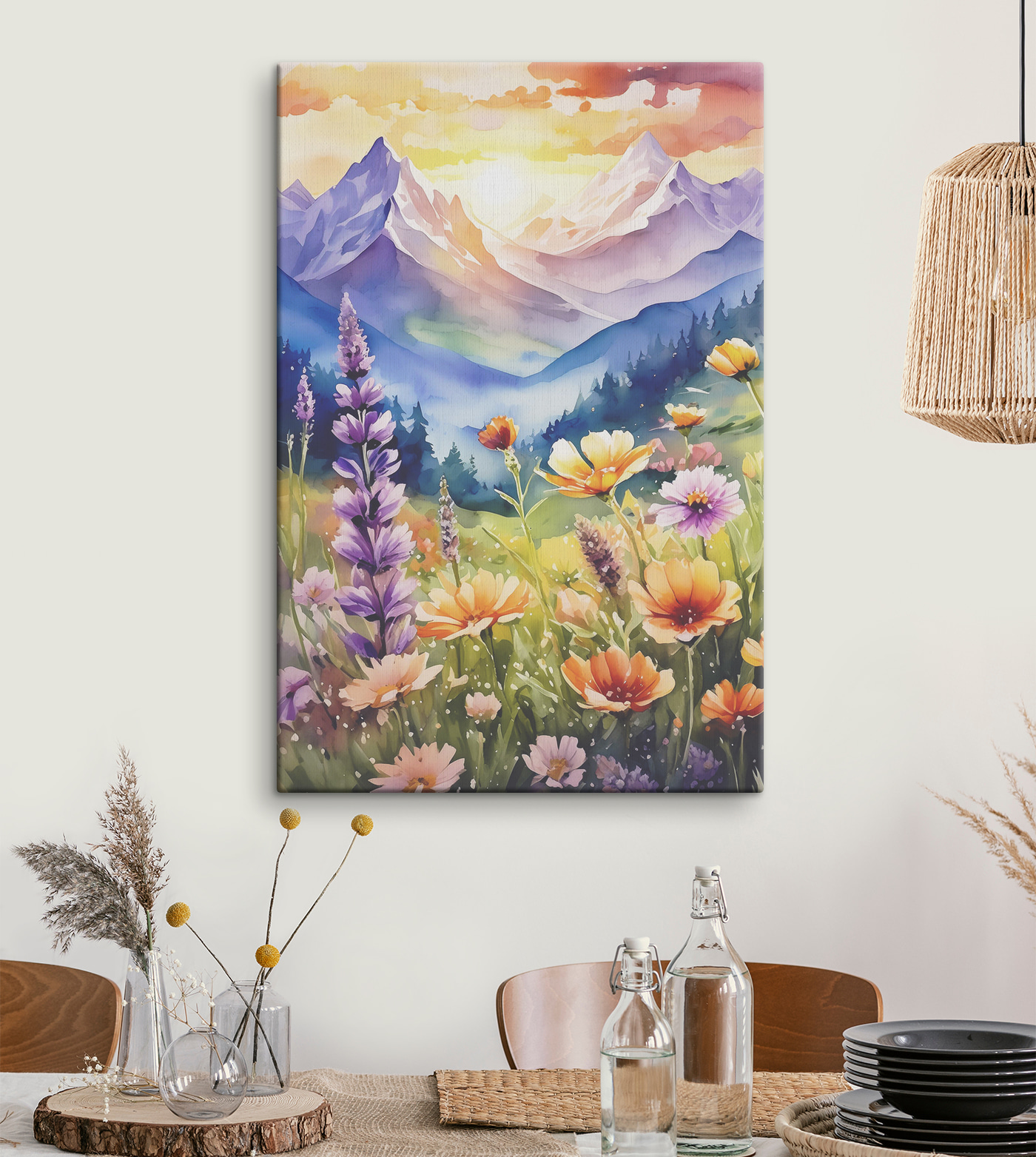 A painting of flowers in a mountain