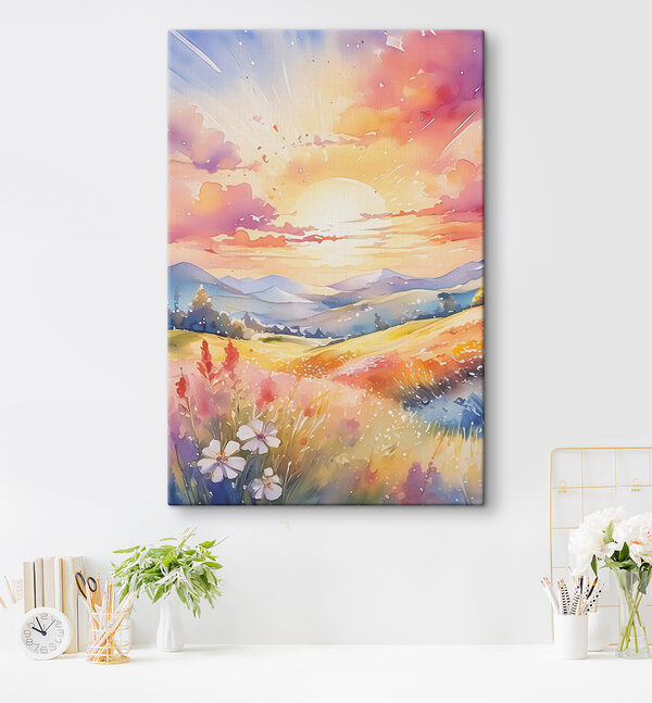 Cuadros Un cuadro que representa un paisaje con montañas y flores