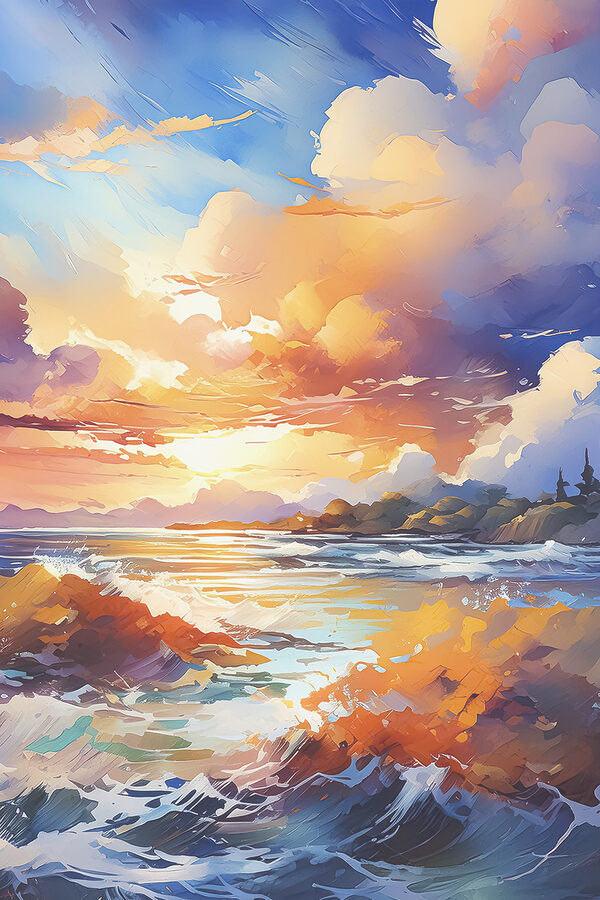A painting of a beach with a sunset