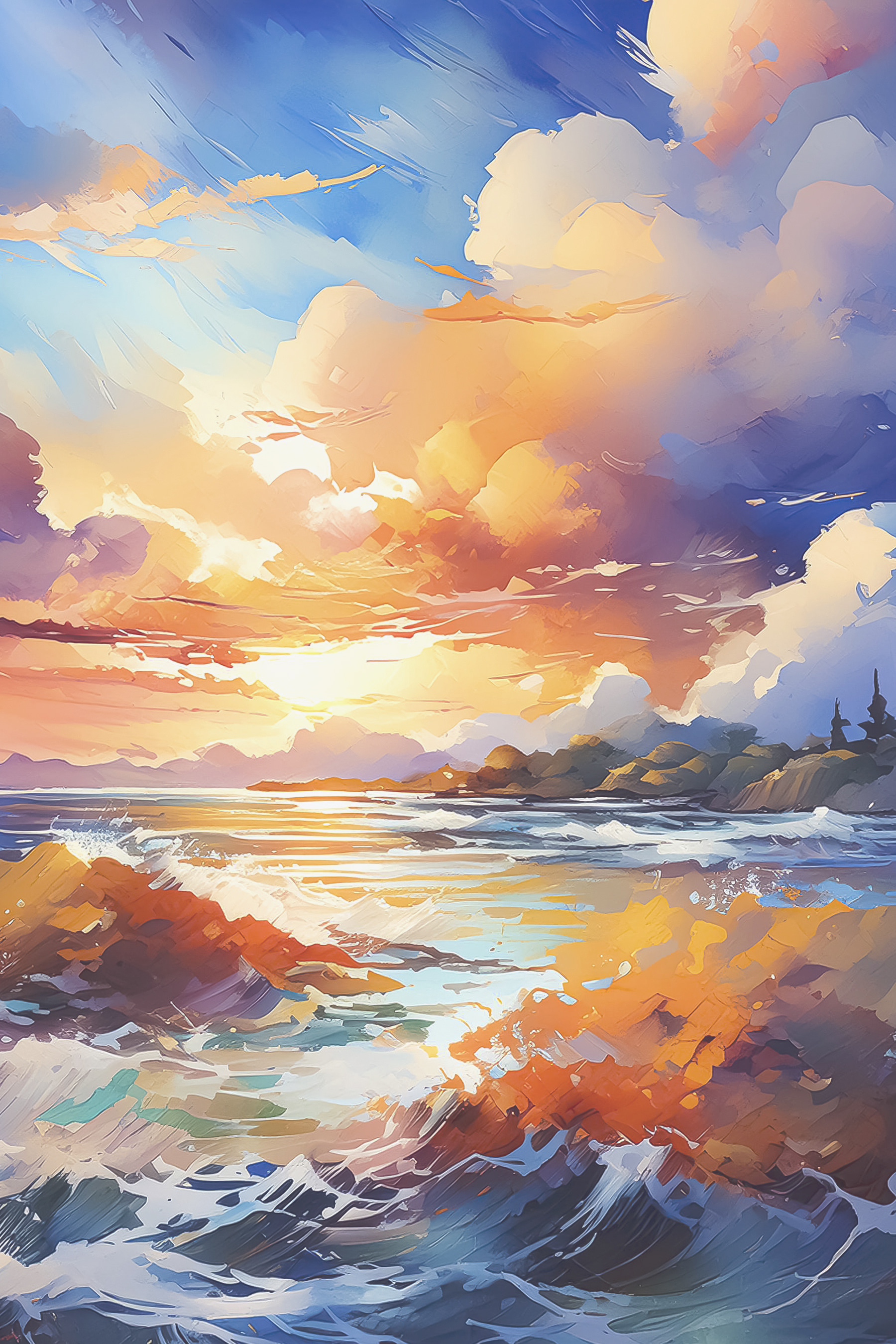 A painting of a beach with a sunset