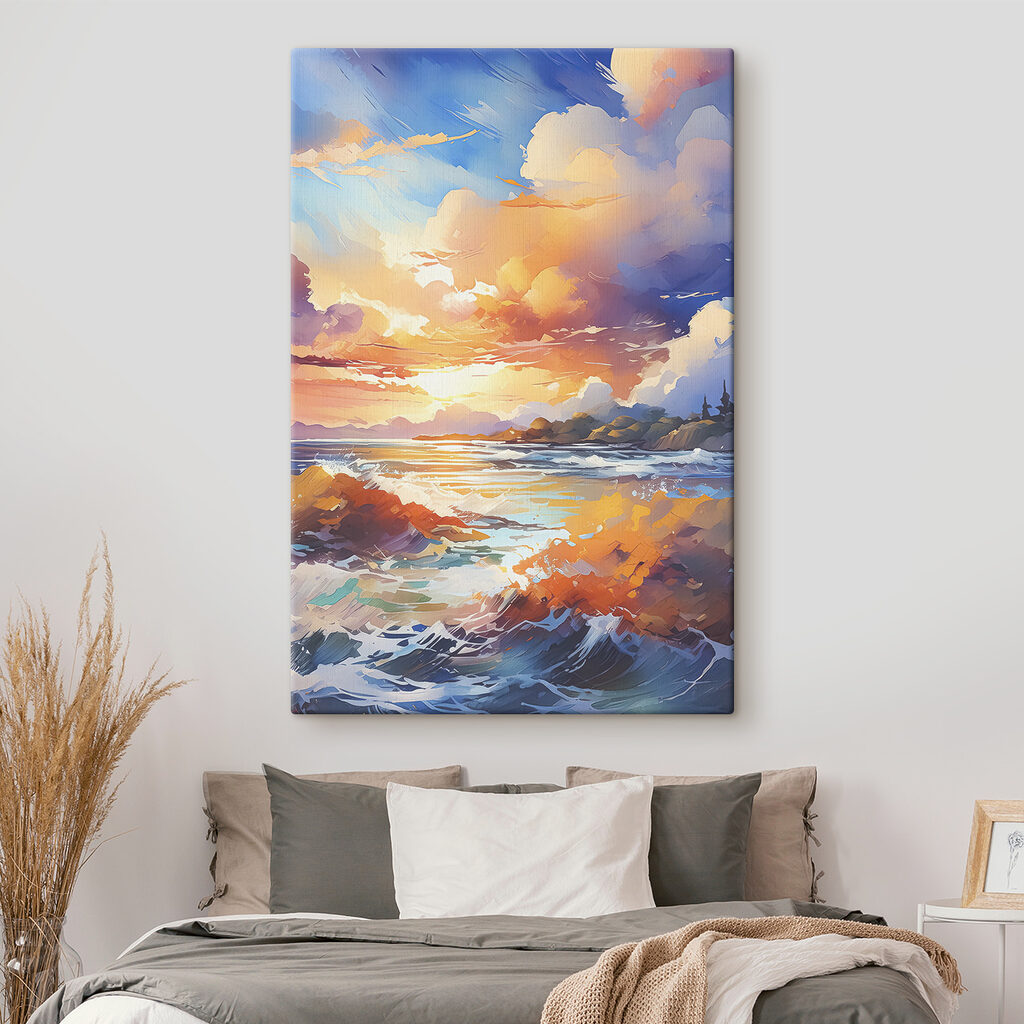 A painting of a beach with a sunset