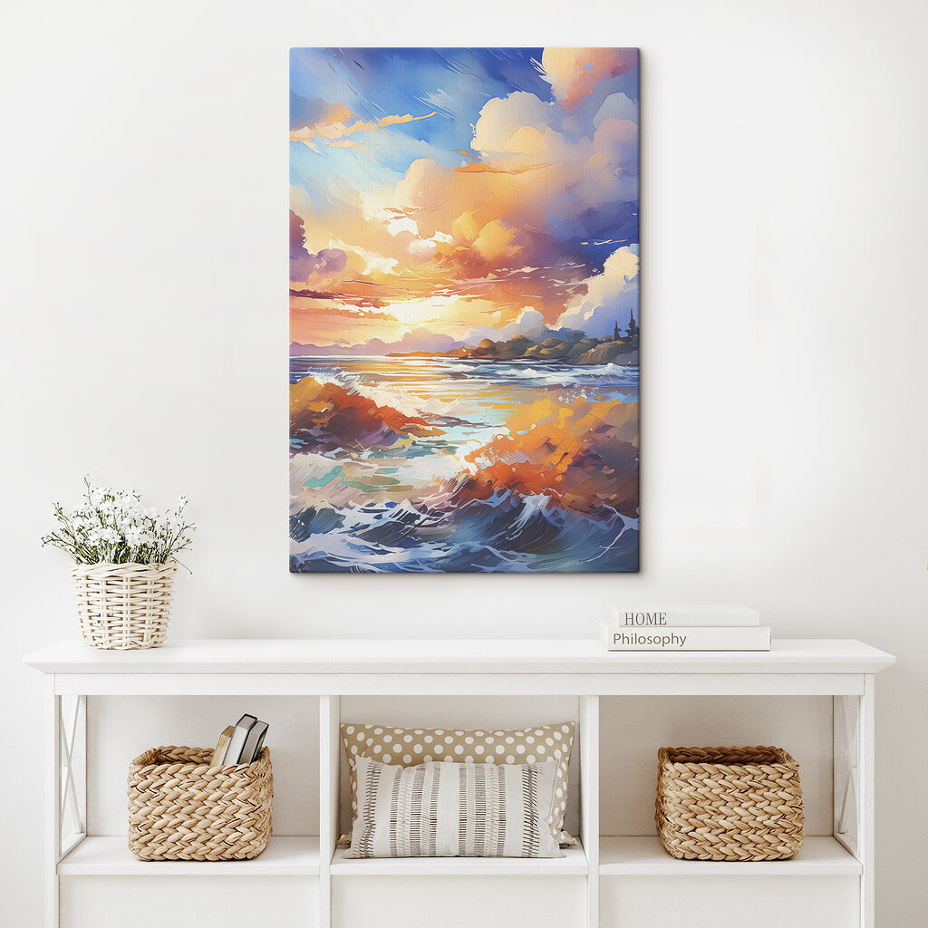 A painting of a beach with a sunset