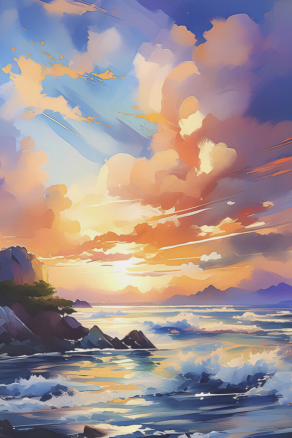 A painting of a sunset over a body of water A painting of a sunset over a body of water