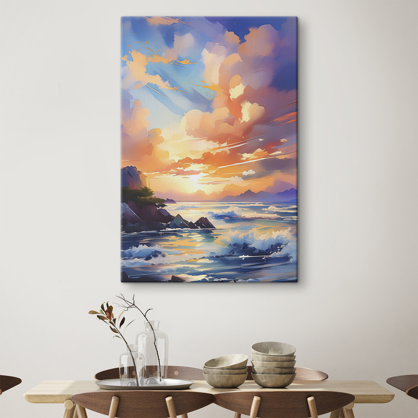 A painting of a sunset over a body of water A painting of a sunset over a body of water
