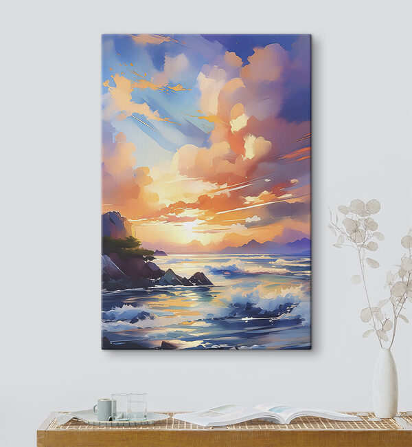 A painting of a sunset over a body of water A painting of a sunset over a body of water