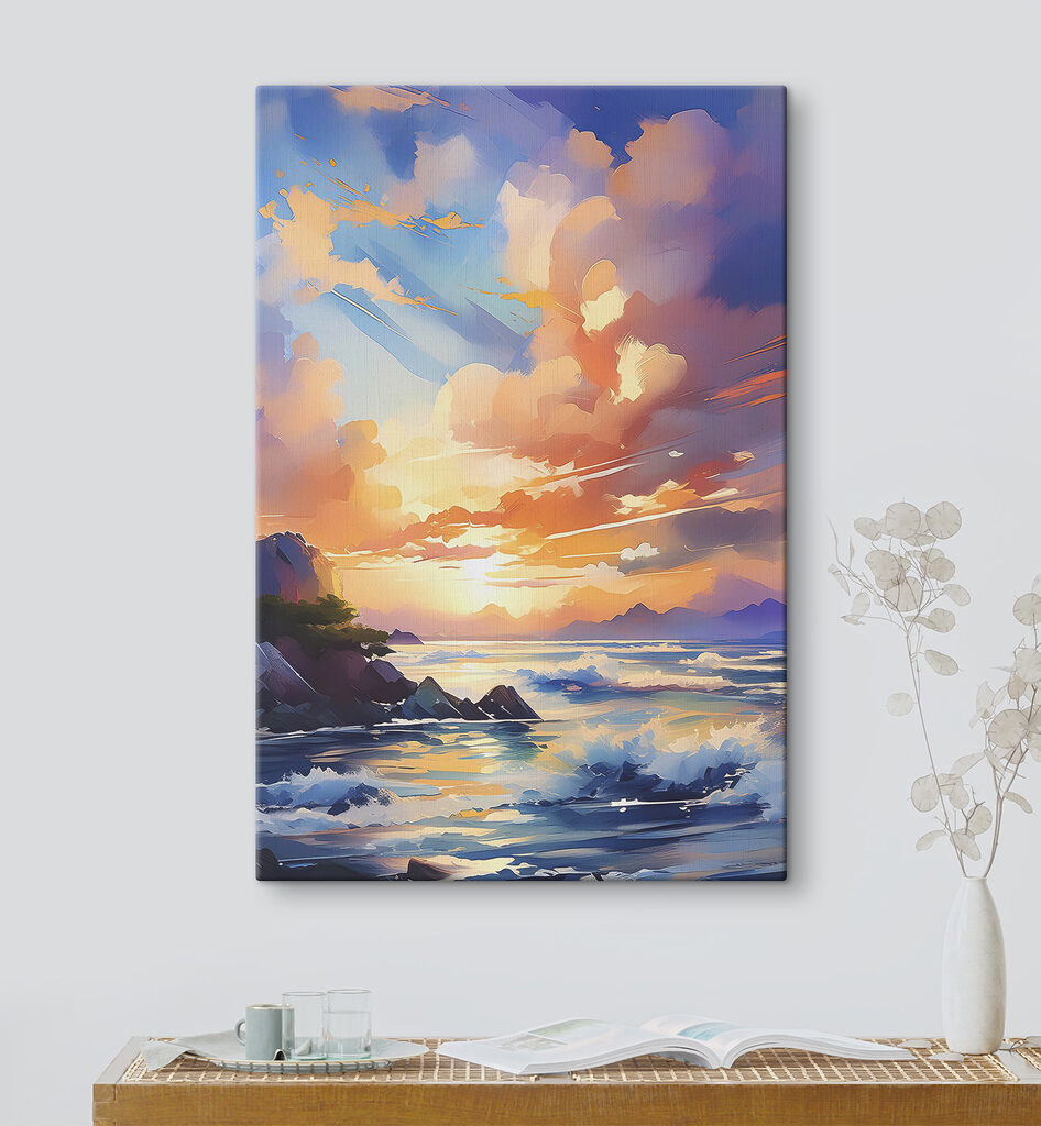 A painting of a sunset over a body of water A painting of a sunset over a body of water