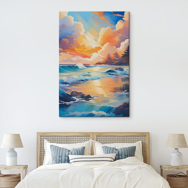 A painting of a beach with waves and rocks