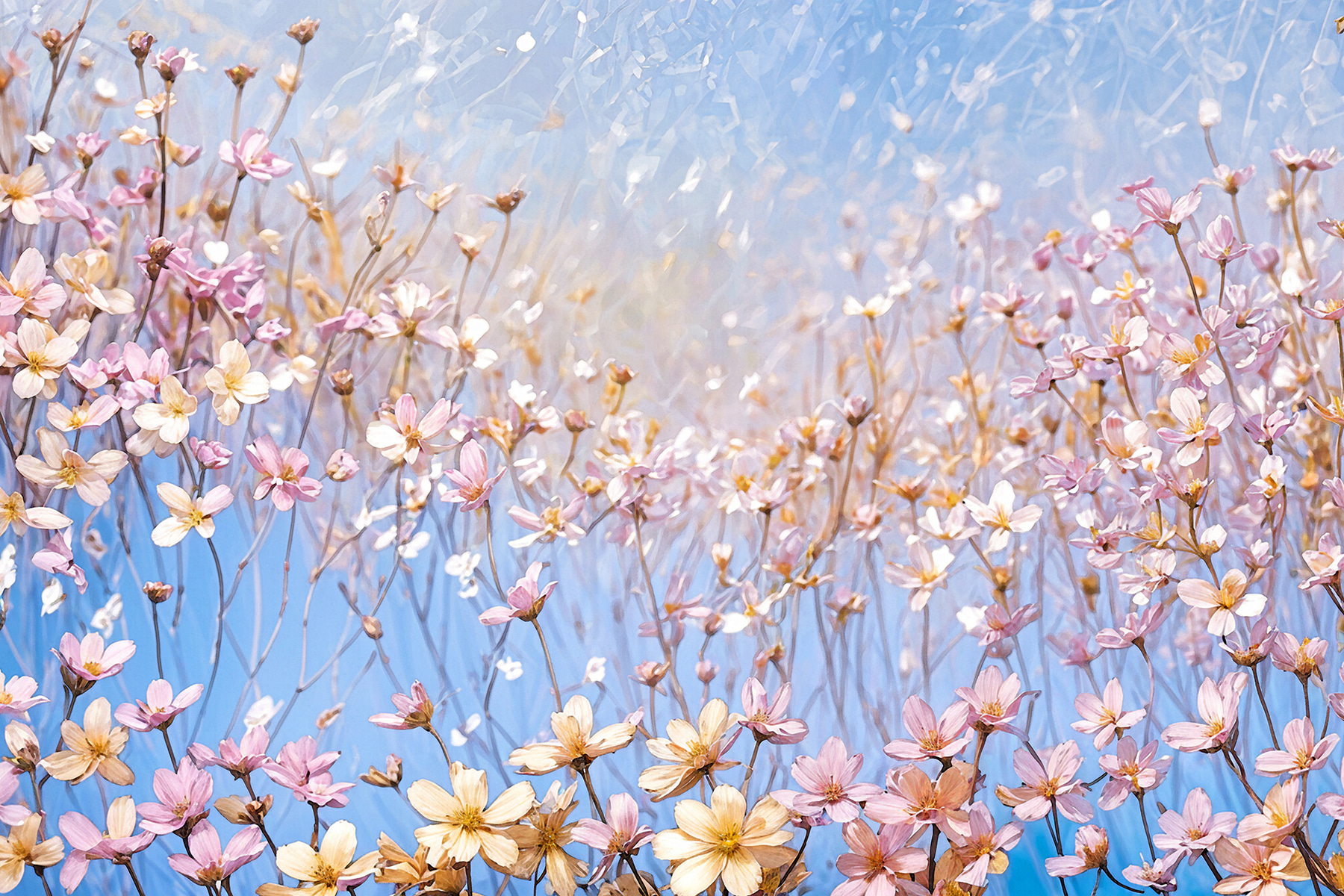 A group of flowers on a clear surface A group of flowers on a clear surface