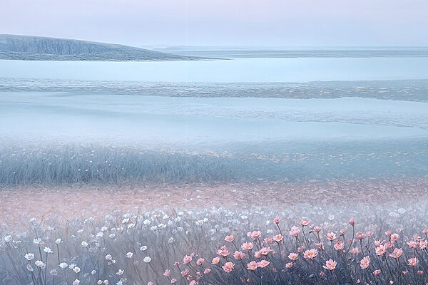 A field of flowers by a body of water A field of flowers by a body of water