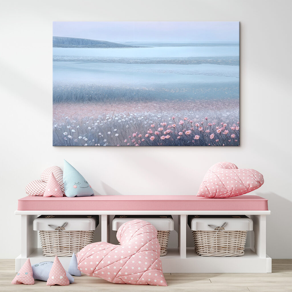 A field of flowers by a body of water A field of flowers by a body of water