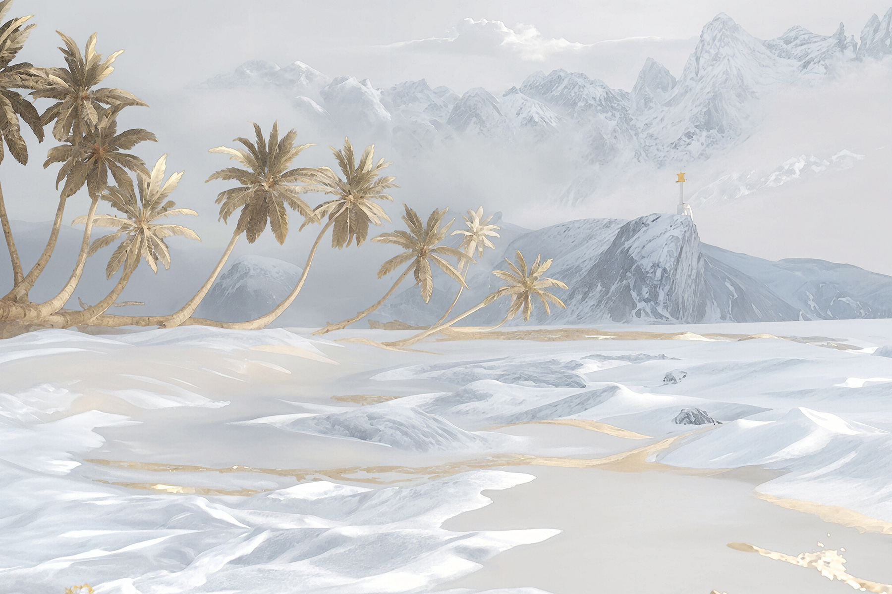 A snowy landscape with palm trees