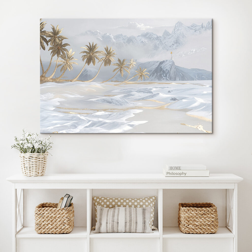 A snowy landscape with palm trees