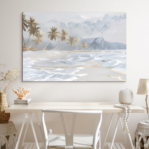 A snowy landscape with palm trees