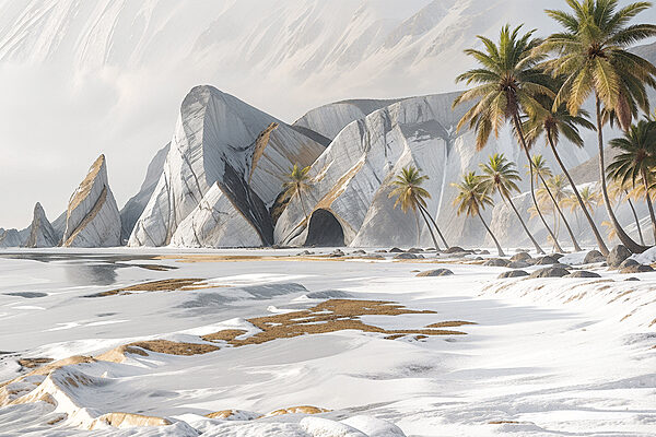 A snowy beach with palm trees and mountains