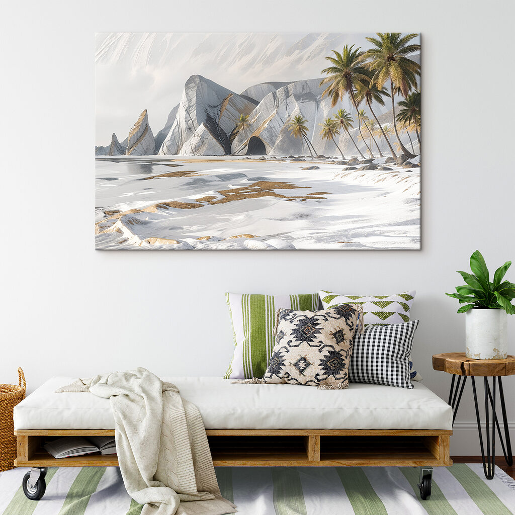 A snowy beach with palm trees and mountains
