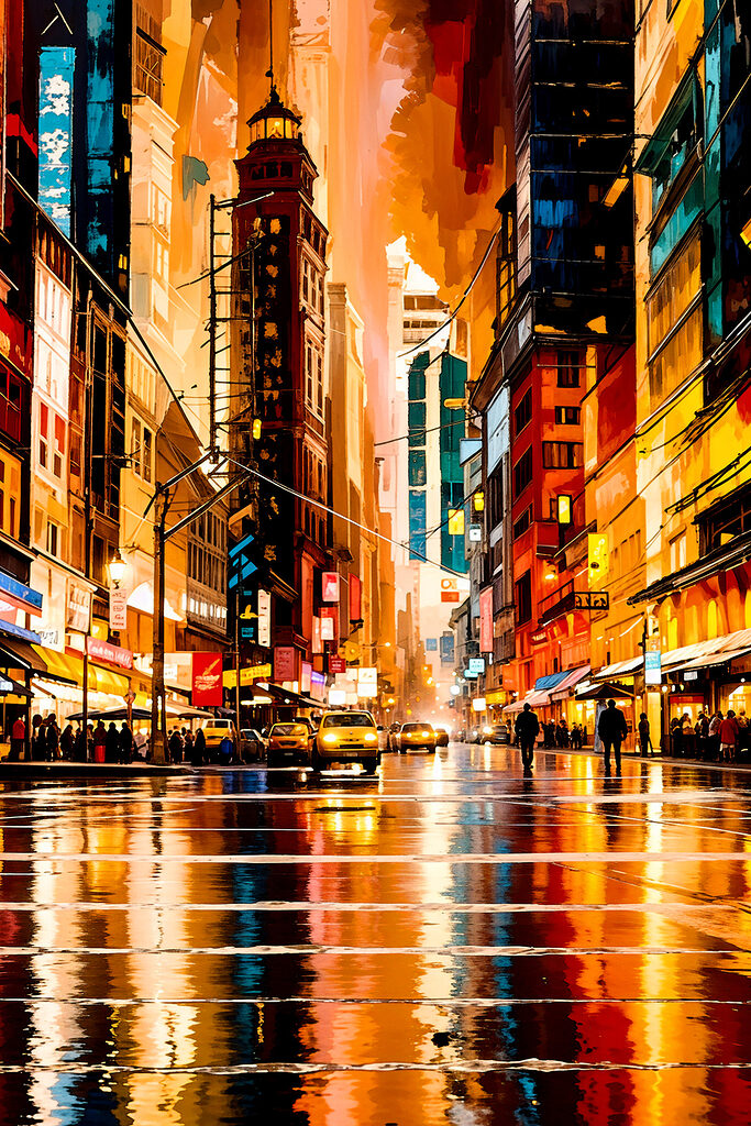 A city street with people walking on it