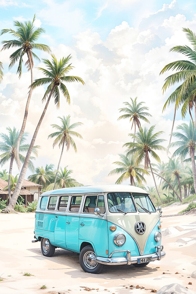 A blue van on a beach