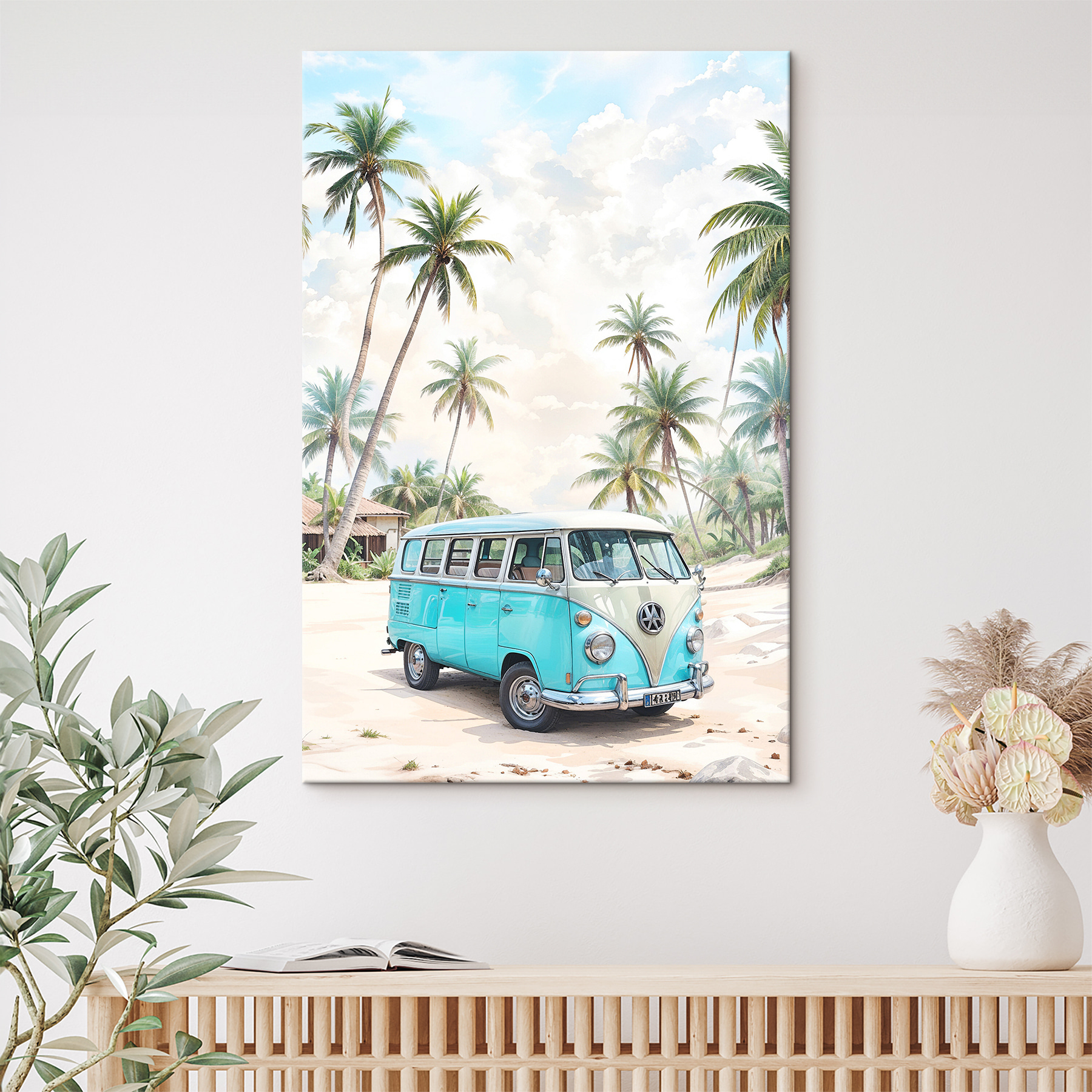 A blue van on a beach