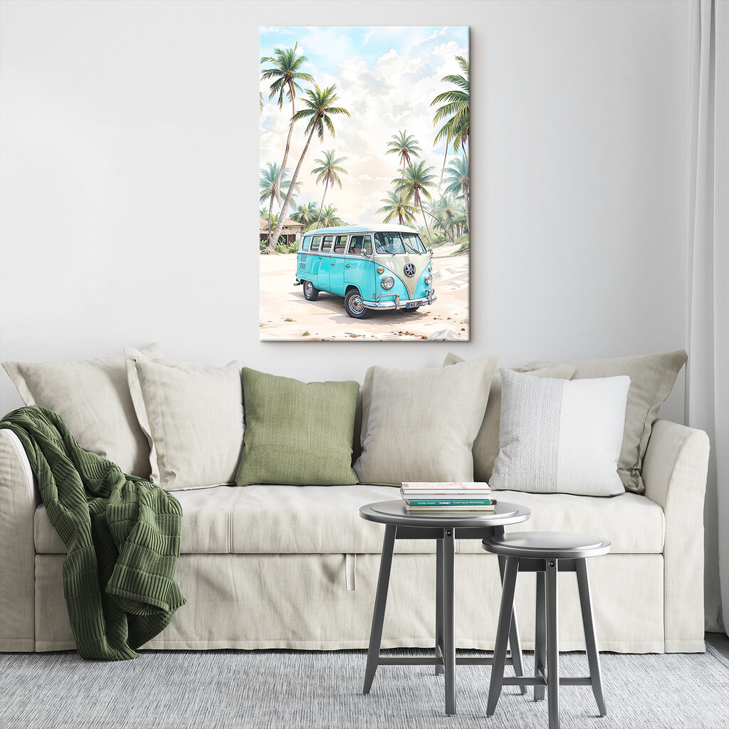 A blue van on a beach