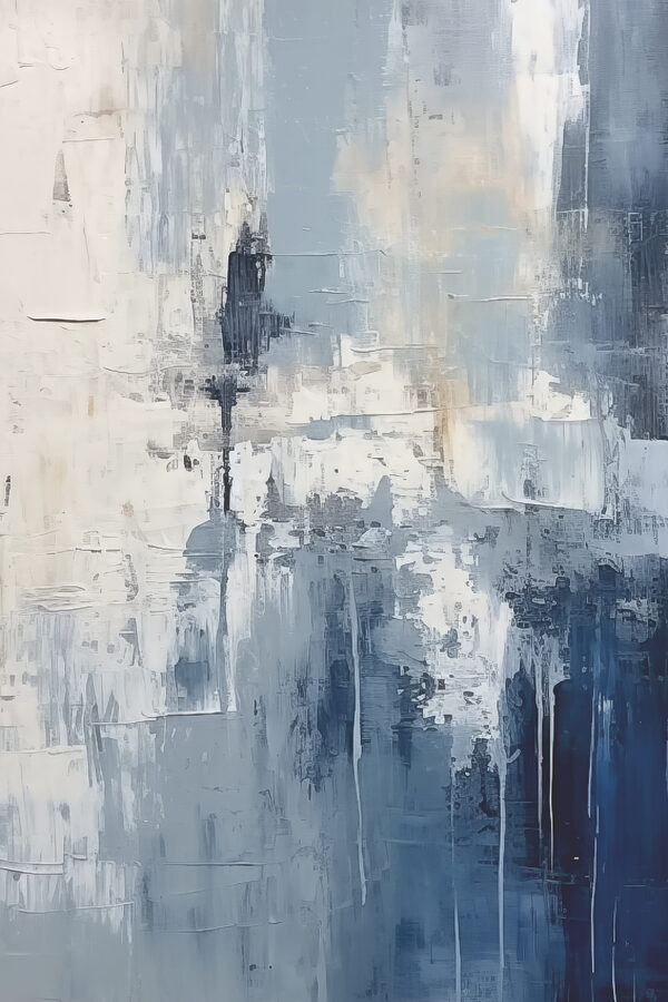 A painting of a blue and white wall